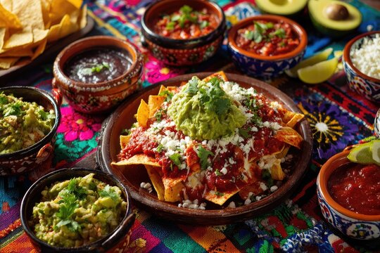 Generous platter of cheesy nachos with guacamole and salsa, surrounded by dips - Powered by Adobe