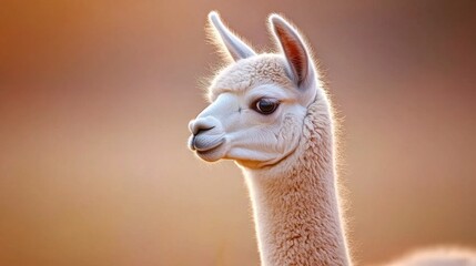 Obraz premium Gentle alpaca close-up captured at ground level, showcasing their pure nature in vibrant natural light
