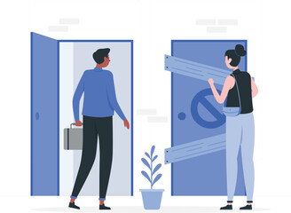 Man entering an open door while woman stands at a blocked door vector illustration