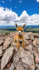 Obraz premium Capturing the gentle spirit of an alpaca on a rocky perch under a vibrant sky at midday in breathtaking natural surroundings