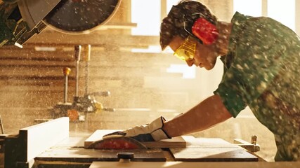 A carpenter cuts wood with a circular saw, sawdust fills the air. Person wears safety gear