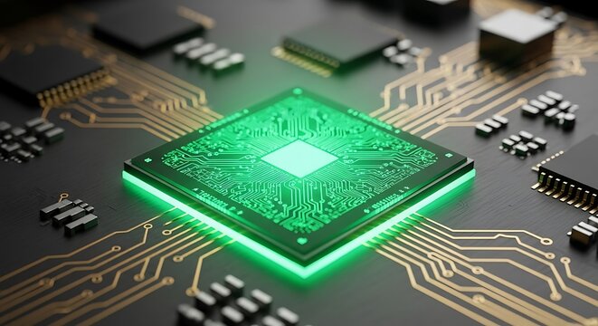 Illuminated green central processing unit cpu chip radiating light on a complex electronic circuit board, representing the core of digital computation and technological advancement