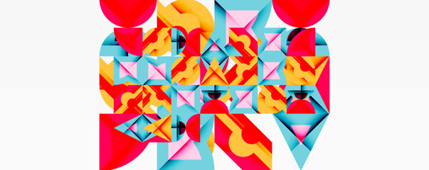 Abstract geometric composition. Bright shapes overlap, creating complex patterns. Red, yellow, blue dominate design. Minimalist style.