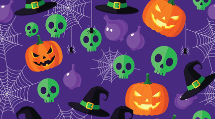 Vector art of halloween pattern featuring pumpkins, skulls, witch hats, and spider webs on a purple background, creating a festive and spooky design for backgrounds and decorations