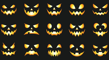 Vector art of a spooky collection of fifteen unique jackolantern faces, each with its own distinct expression and glowing eyes, perfect for adding a touch of halloween fright to your designs
