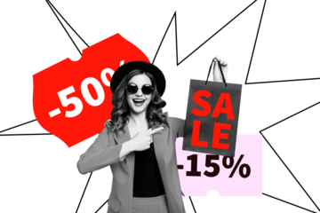 Composite trend artwork sketch image photo collage of sale black friday low price promotion shopaholic young lady finger point bag buyer