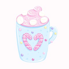 Pastel Hot Chocolate Mug with Marshmallows and Candy Canes. Winter Drink.