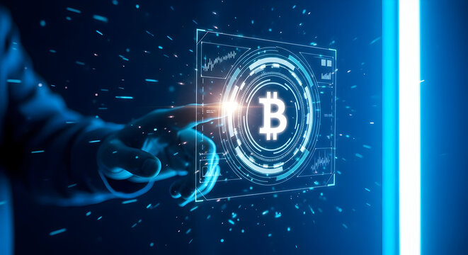 Futuristic Bitcoin interface with glowing B symbol and abstract data streams - Powered by Adobe