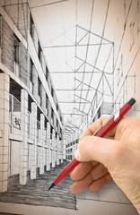 Architect, designer or engineer designing a sketch of a new building in an elegant new modern town - public housing concept image