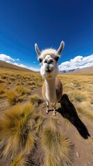 Obraz premium A gentle alpaca approaches with curiosity in a vibrant Andean landscape under natural sunlight