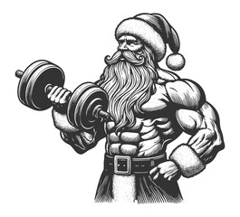 Fototapeta premium buff Santa Claus curling heavy dumbbells sketch engraving generative ai fictional character vector illustration. Scratch board imitation. Black and white image.