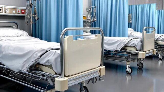 Hospital room with empty beds and blue curtains providing a calm environment for patients during recovery