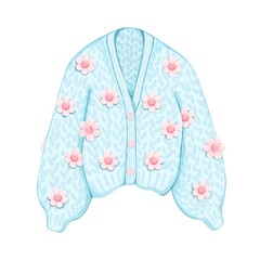 Cute Knitted Blue Cardigan with Pink Flowers