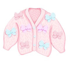 Cute Pastel Pink Cardigan with Bows. Cozy Knit Sweater.