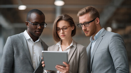 Business team analyzing data on digital tablet, focused professionals in modern office, teamwork and technology concept