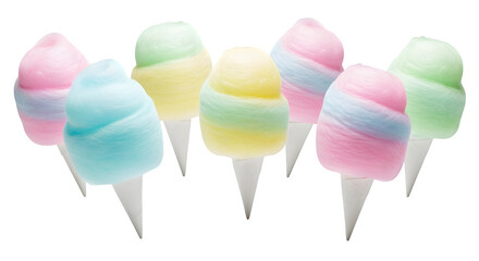 A delightful collection of pastel-colored cotton candy treats on white cones, evoking childhood joy and festive fun.