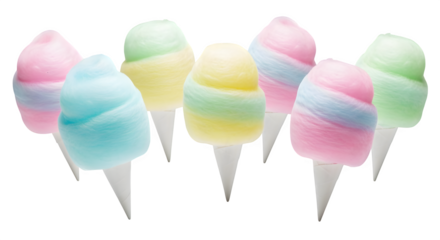 A delightful collection of pastel-colored cotton candy treats on white cones, evoking childhood joy and festive fun.