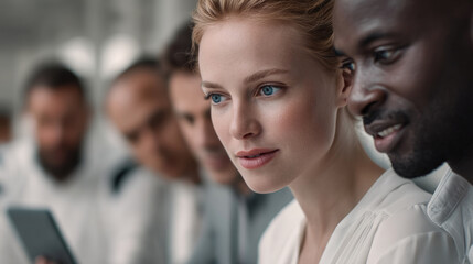 Focused diverse team collaborating on technology project, sharing ideas and discussing innovation in modern office environment