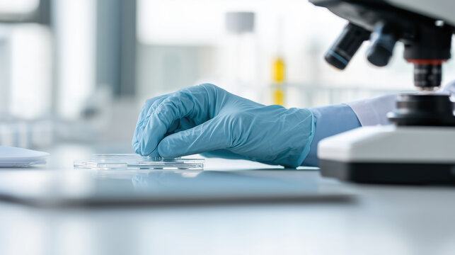 Close up photo of gloved hands adjusting microscope slide laboratory setting, showcasing precision and focus scientific research. environment is bright and modern, emphasizing professional