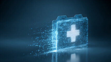 A digital medical file folder with a cross icon forms from particles. 