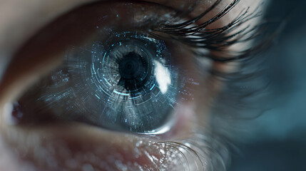 Close up of an eye undergoing a futuristic blue digital retina scan. 