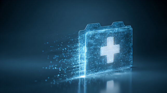 A digital medical file folder with a cross icon forms from particles. 