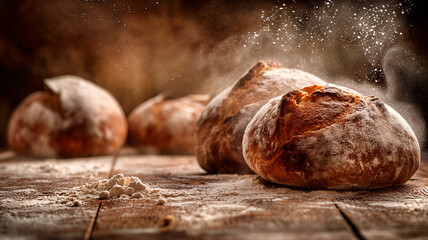Obraz premium Close-up of Freshly Baked Artisan Bread Loaves with Flour Dust on a Warm Wooden Table