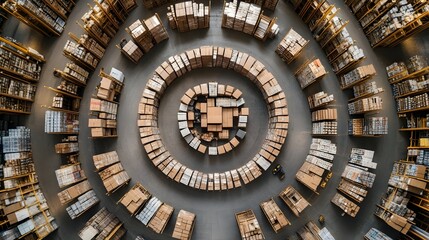 Warehouse inventory management distribution center aerial view organized layout efficiency