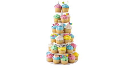 A festive tiered stand overflows with colorful, frosted cupcakes, perfect for celebrations and sweet moments.