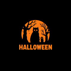 Minimalist Halloween Logo with Owl and Dead Tree Silhouettes Against an Orange Moon on Black Background