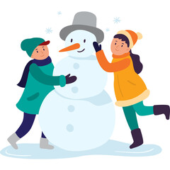 Two Cheerful Children Building a Snowman Together Outdoors on a Snowy Day Wearing Winter Clothing