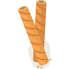 Two Delicious Golden Brown Rolled Wafer Cookies with Cream Filling Standing Upright on a White Surface with Crumbs Scattered Around