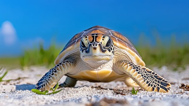 A gentle turtle emerges from the sand on a sunny beach, showcasing its vibrant colors against a bright blue sky