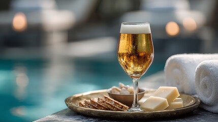 Glass of Beer with Cheese by the Pool / プールサイドのチーズとビール