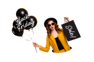 Composite artwork sketch image collage of black friday sale promotion discount sell young lady style suit eyewear hat bag air balloons