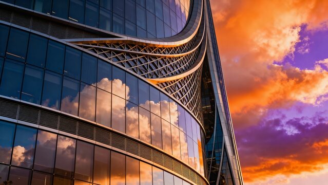 Curved glass skyscraper with lattice ribs reflecting orange sunset clouds, facade closeup in foreground, purple sky with dramatic cumulus in background, concept of futuristic architecture, innovation