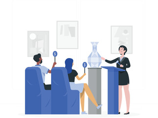 Auctioneer Presenting a Vase to Bidders in an Art Gallery Setting Keywords: auction, art, gallery, bidding, sale, art sale, auctioneer, bidders, vase, artwork, investment, collector, art collector