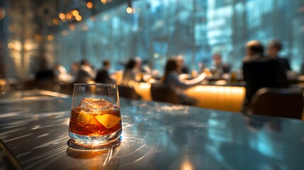 Old Fashioned Cocktail on a Modern Bar Counter / モダンなバーカウンターのオールドファッションドカクテル