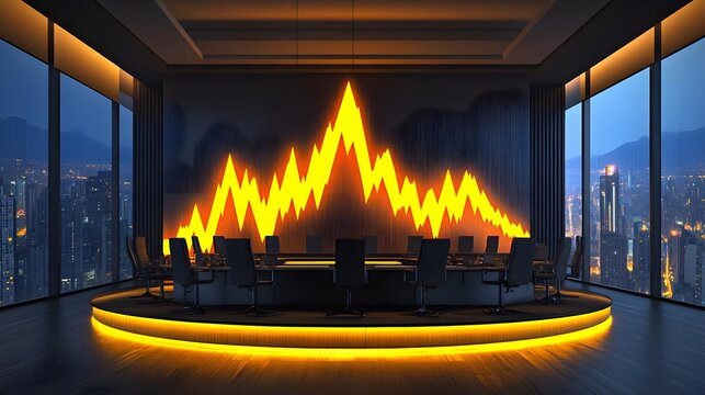 Business meeting room with data visualization in a modern skyscraper office