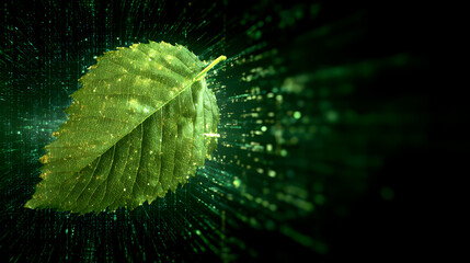 Single green leaf rests on a dark, glowing digital circuit board surface. 