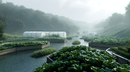 Foggy landscape shows modern farm with greenhouses and smart water irrigation. 
