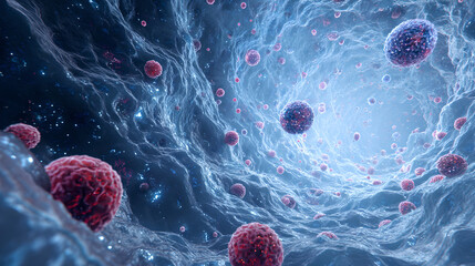 Microscopic nanobots navigate through a blue cellular pathway inside the body.