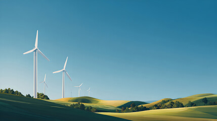 Obraz premium Wind turbines on rolling grassy hills creating clean renewable energy. 