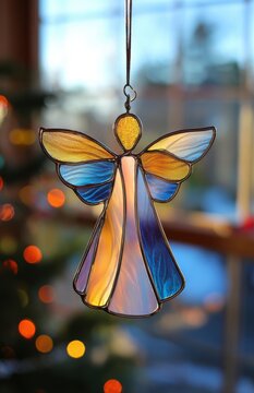 Stained glass angel suncatcher hanging near window