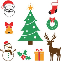 Vector art of collection of christmas icons including santa claus, reindeer, snowman, christmas tree, gift, holly, bell, and stocking