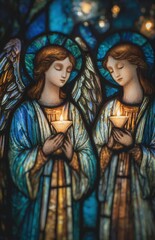 Fototapeta premium Stained glass angels holding lit candles in prayer