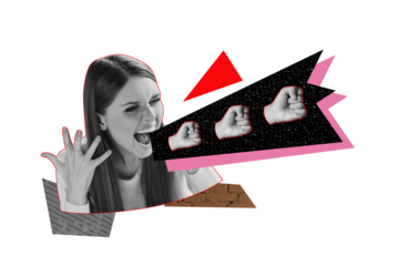 Composite art 3d creative image collage of angry girl activist scream hands fist gesture showing revolution concept strike