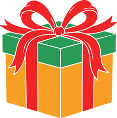 Vector art of a festive christmas gift box with a green top, orange bottom, and a large red ribbon bow, isolated on a
