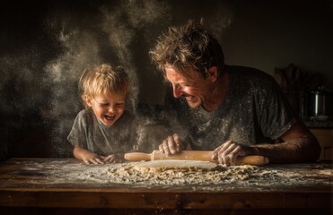 Father son baking together having fun messy moment