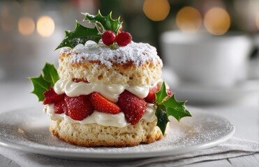 Christmas shortcake dessert with strawberries and whipped cream